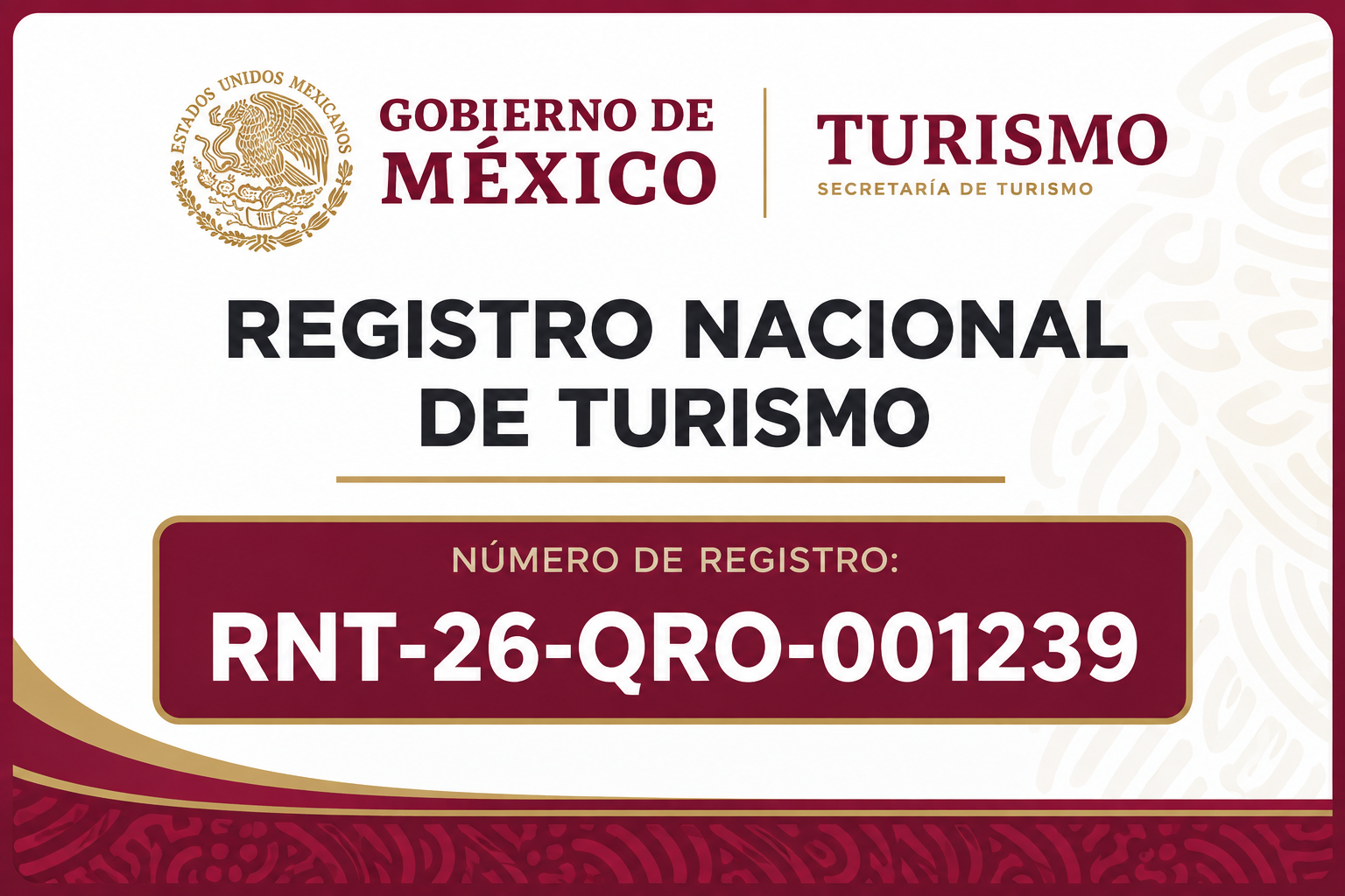 Constancia oficial Registro Nacional de Turismo RNT-26-QRO-001239